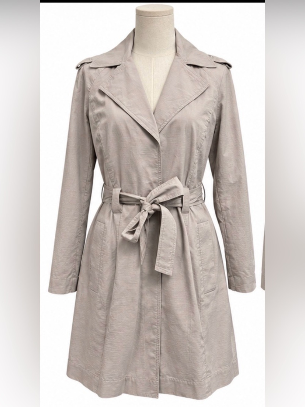 Cabi Style 917 Stretch Cotton Trench Coat Size L Taupe Belted Lightweight Jacket